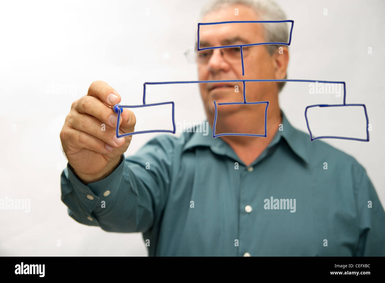 A mature businessman dressed casually is drawing a flow chart on transparent board. Stock Photo