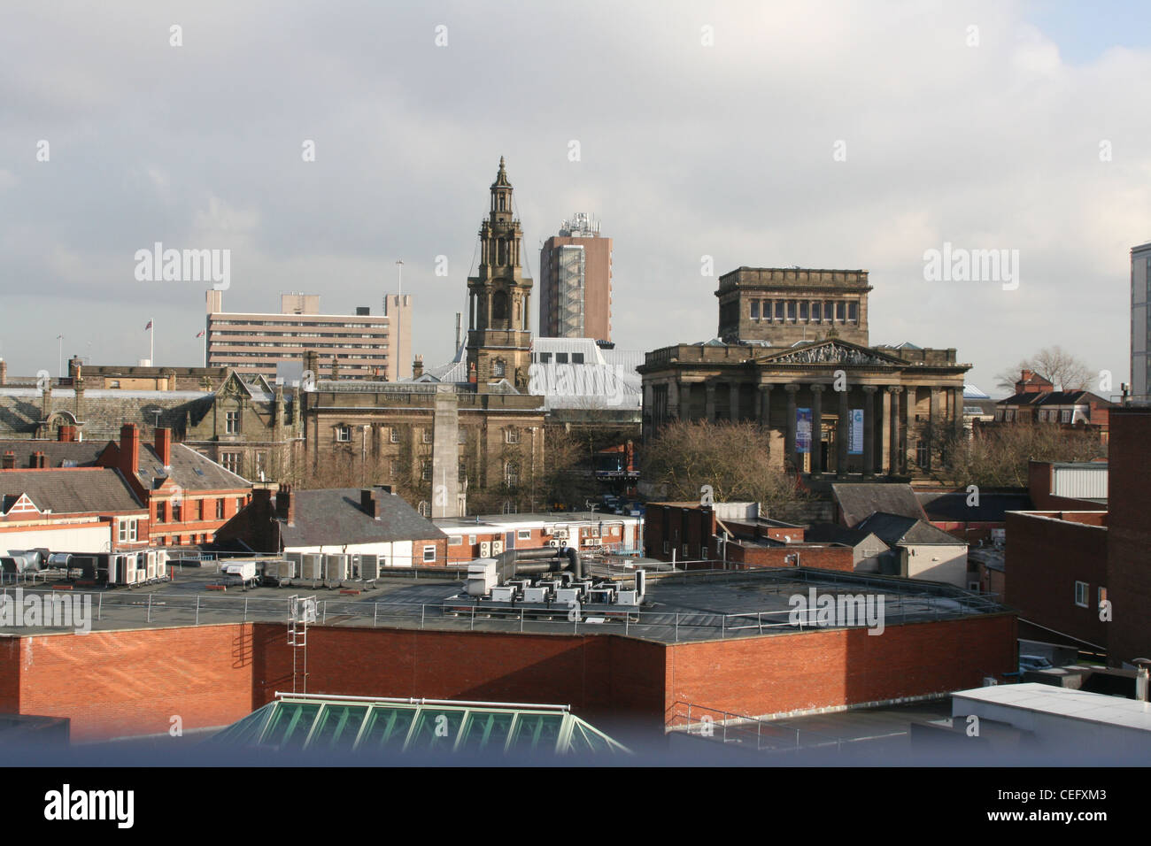 Preston city center view from st car park , with Harris Museum