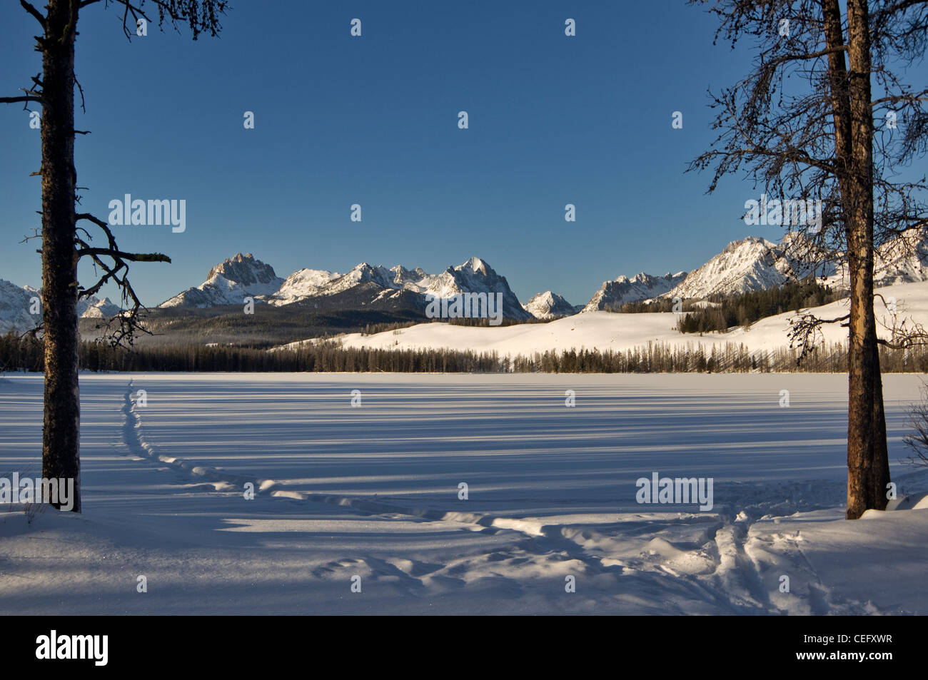 Ski trails cross this frozen lake in the Idaho Mountains Stock Photo