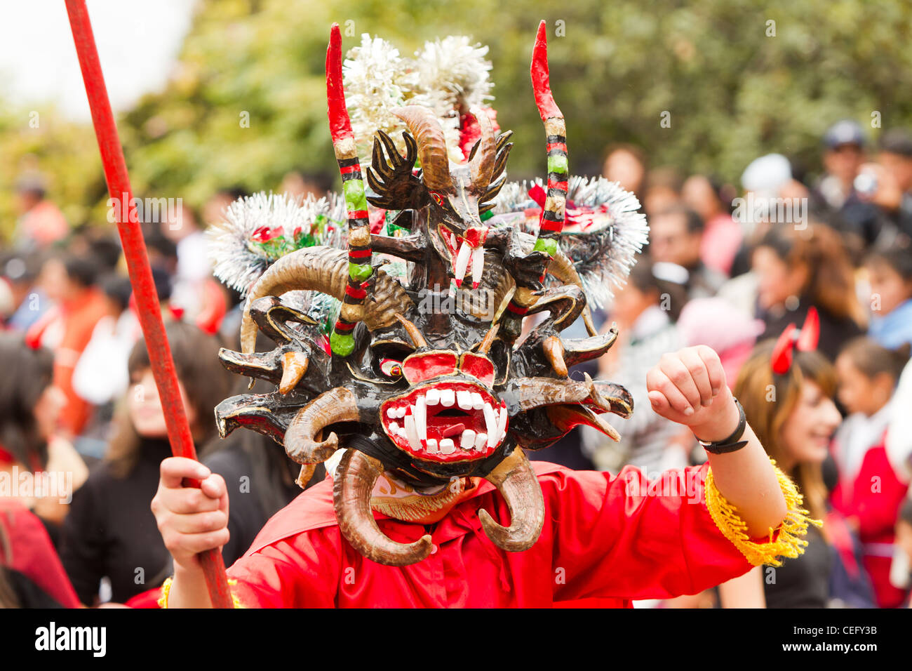 People Disguised As Devil Dance For The Diablada In Pillaro On February