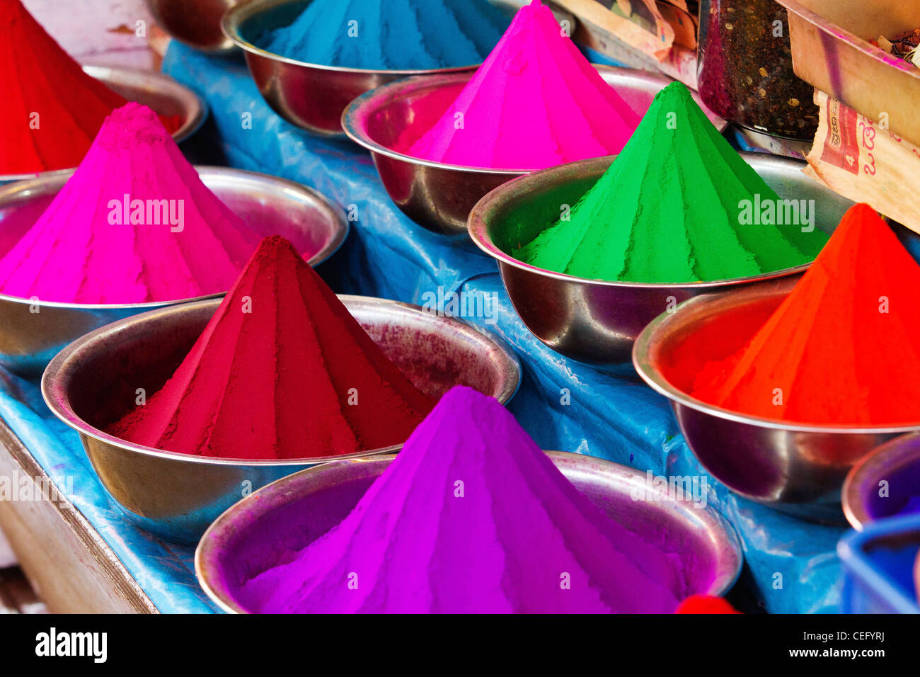 Powdered dyes in various colours for sale at the Devaraja Market in Mysore, Karnataka, India. Stock Photo