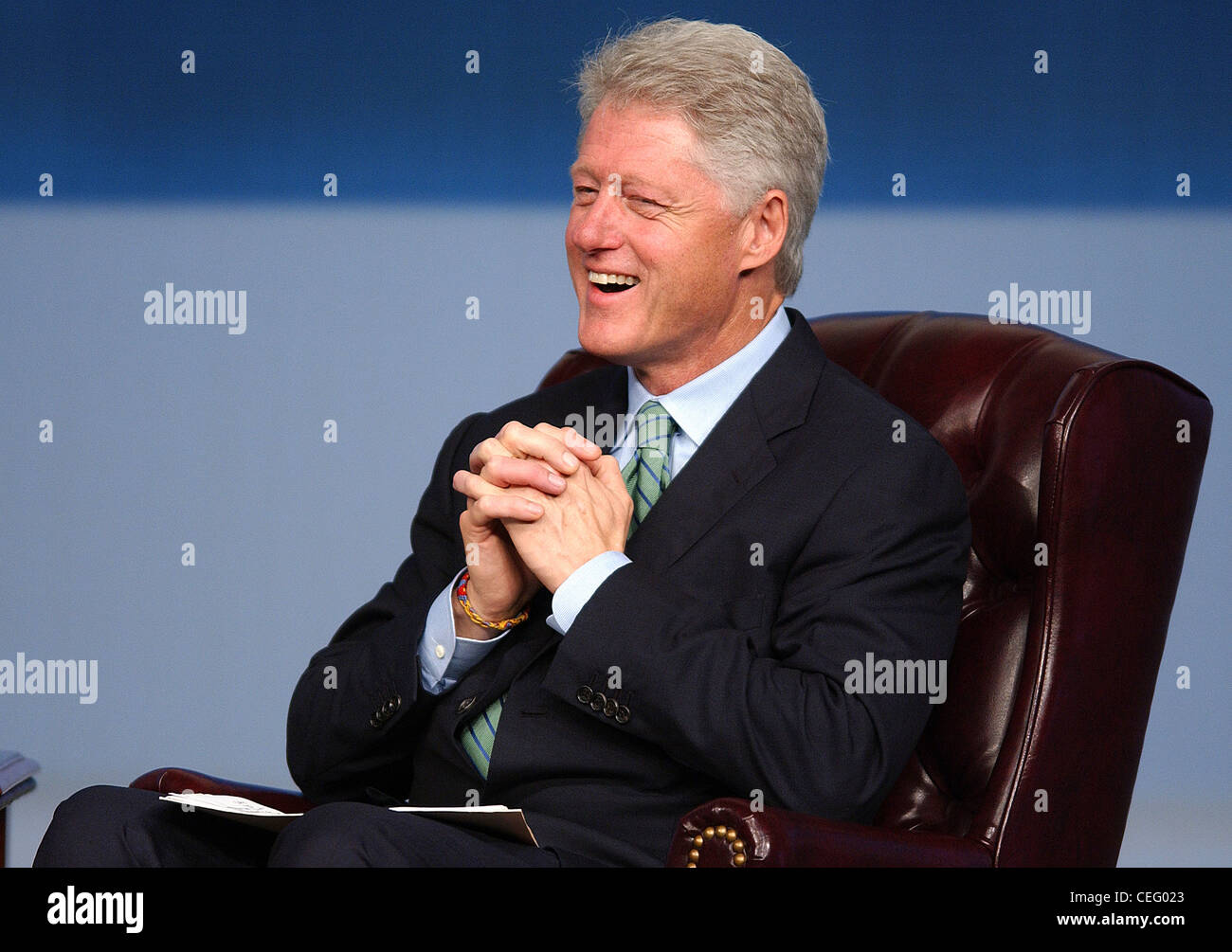 Former President Bill Clinton takes part in a panel discussion at the John F. Kennedy Library in Boston, Massachusetts. Stock Photo