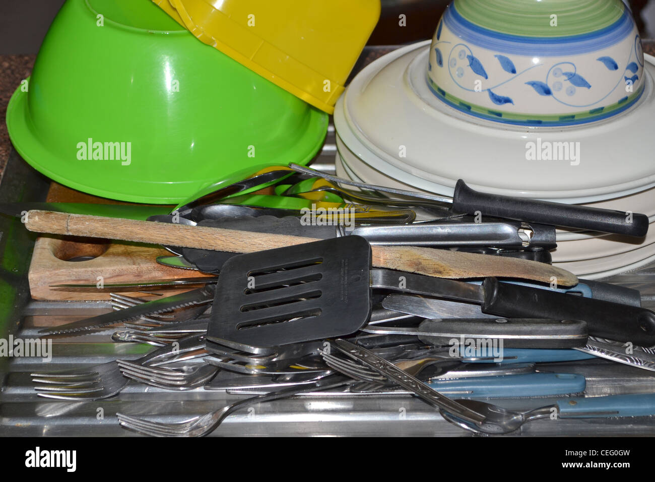 clean stack of dishes and cutlery Stock Photo