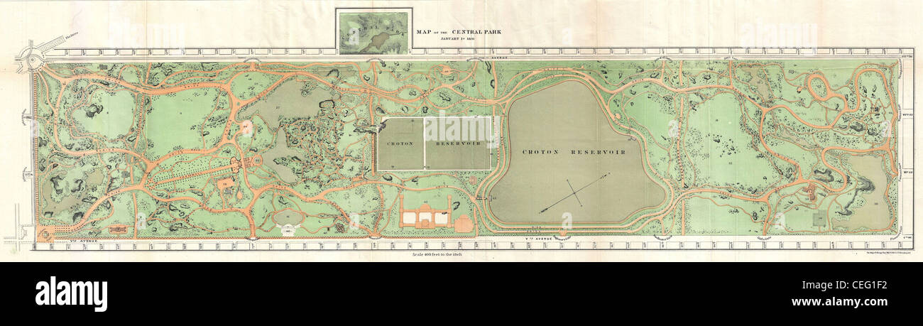 1870 Vaux and Olmstead Map of Central Park, New York City Stock Photo