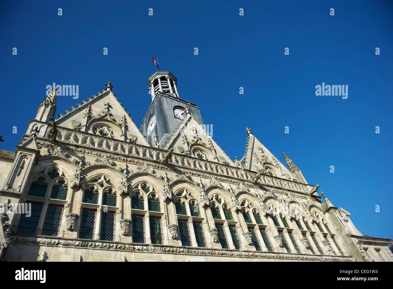 Flamboyant gothic facade of the town hall of SAt-Quentin in the Aisne department of Picardy Stock Photo