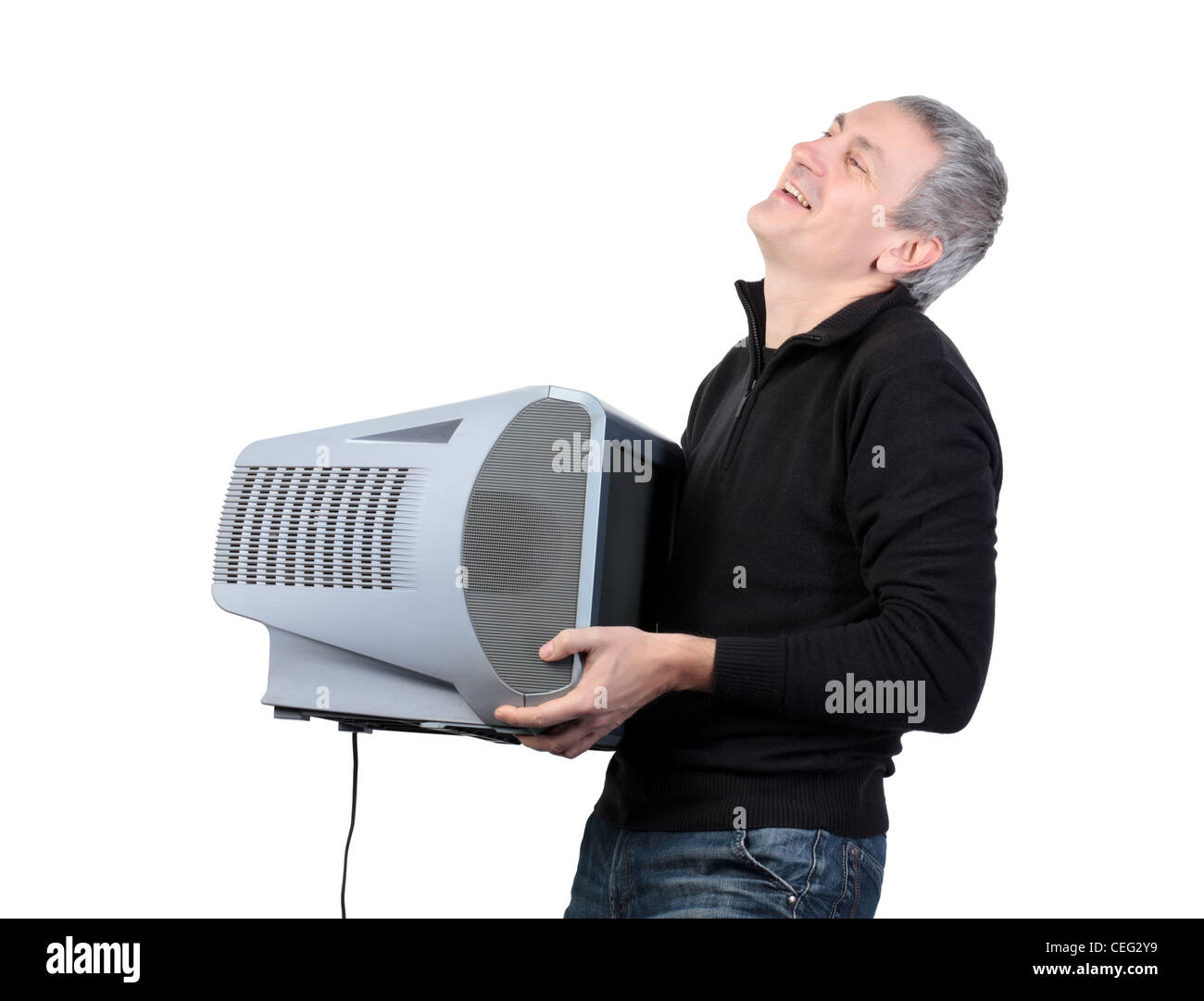 Man throws old TV, on white background Stock Photo Alamy