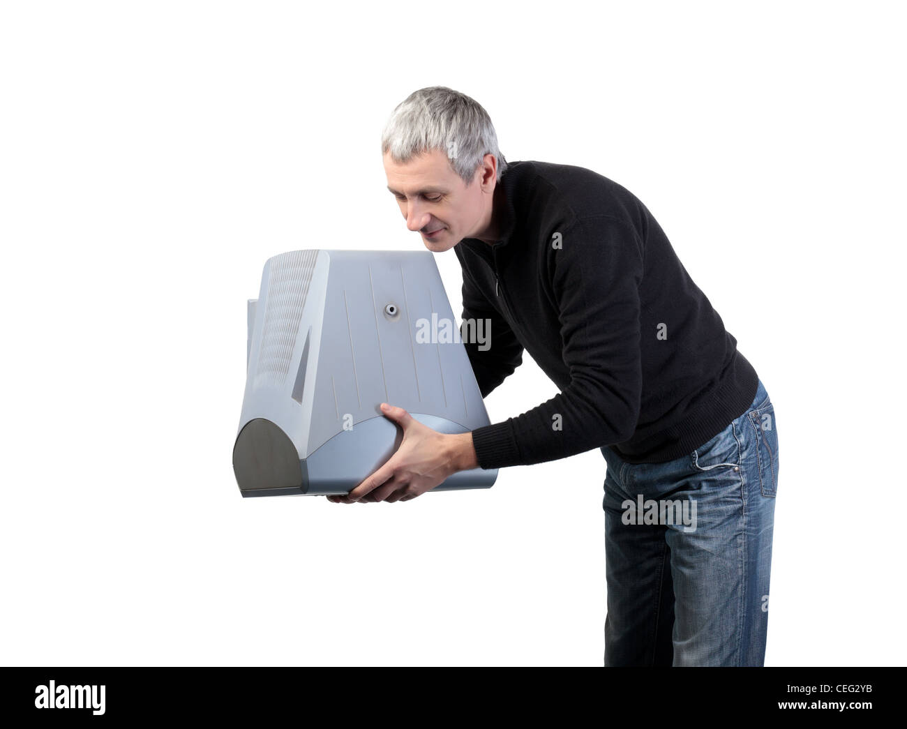 Man throws old TV, on white background Stock Photo Alamy