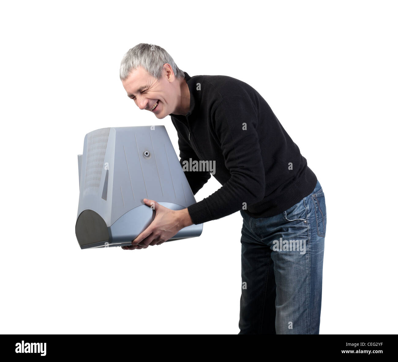 Man throws old TV, on white background Stock Photo Alamy