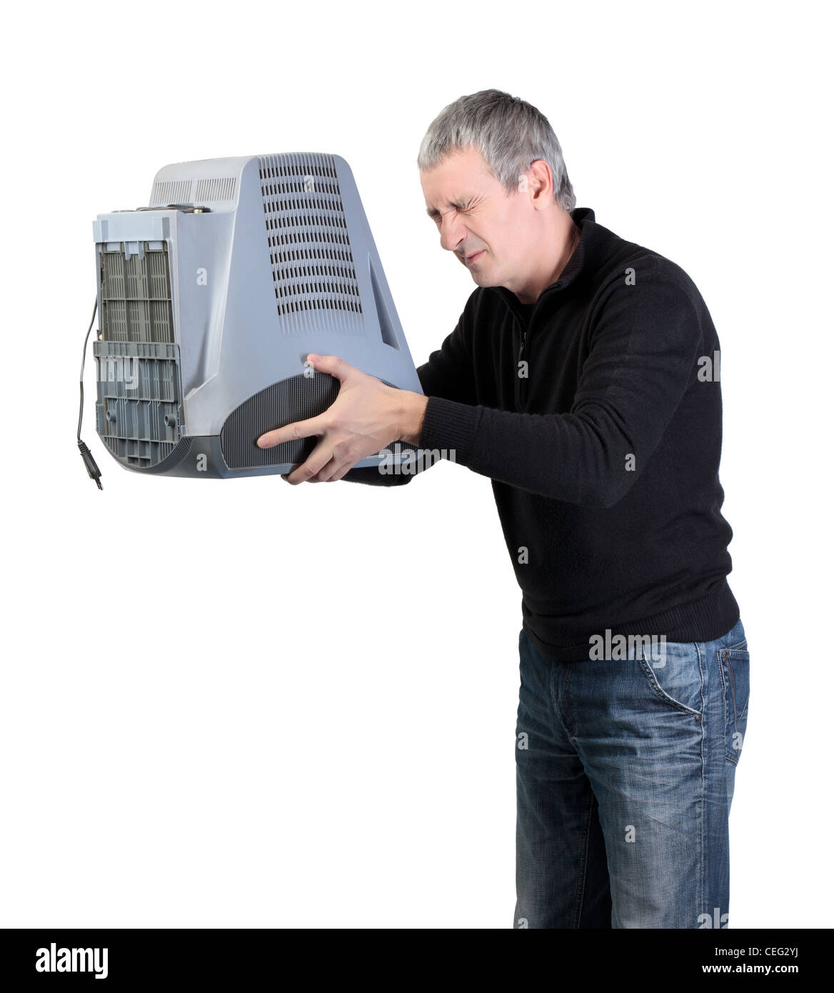 Man throws old TV, on white background Stock Photo Alamy