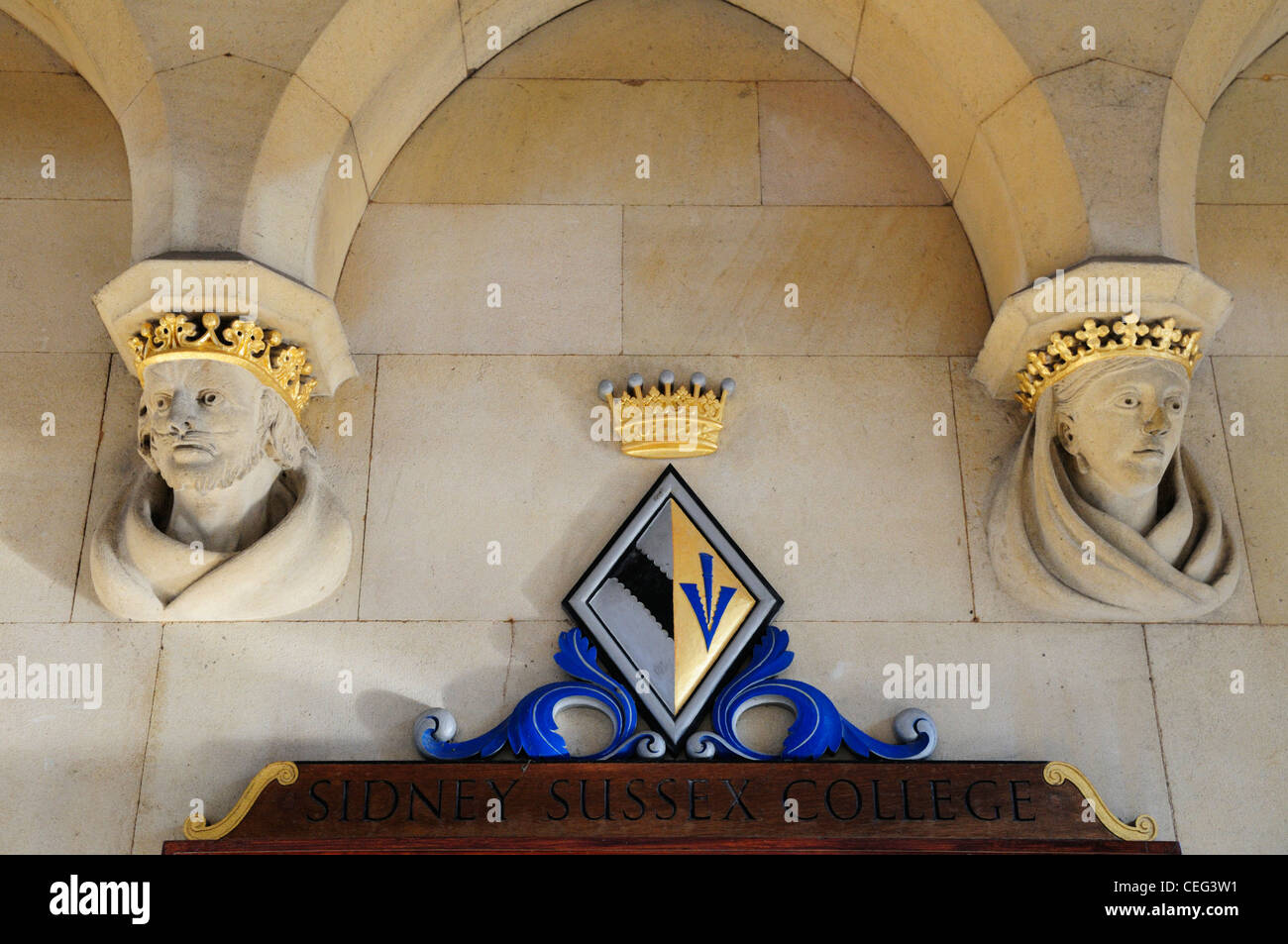 Coat of Arms and Carvings at the entrance to Sidney Sussex College, Cambridge, England, UK Stock Photo