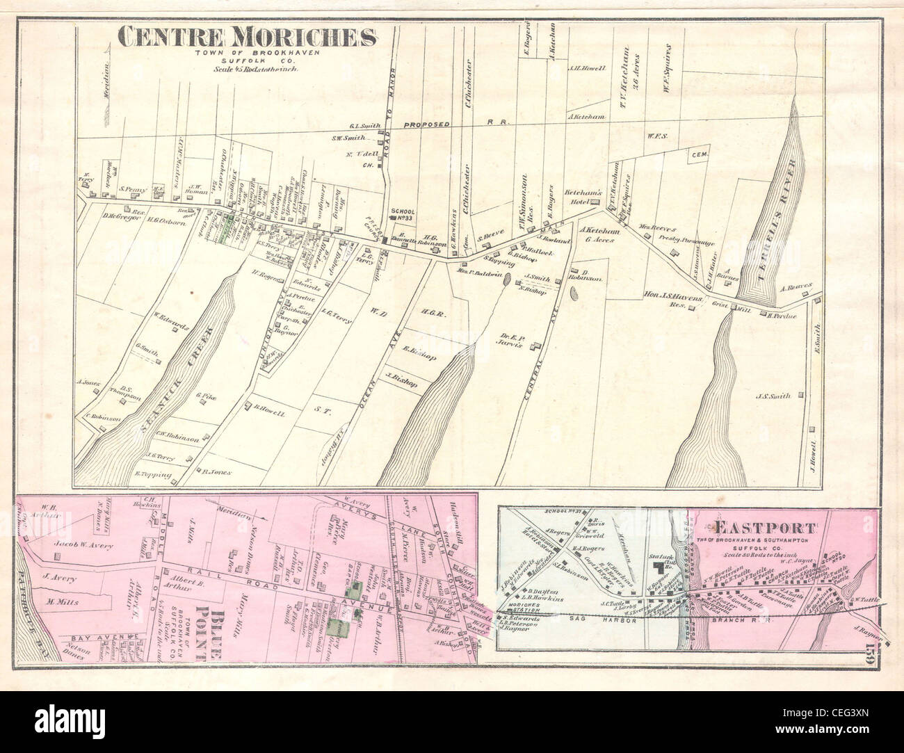 1873 Beers Map of Moriches, Eastport and Southampton, Long Island, New