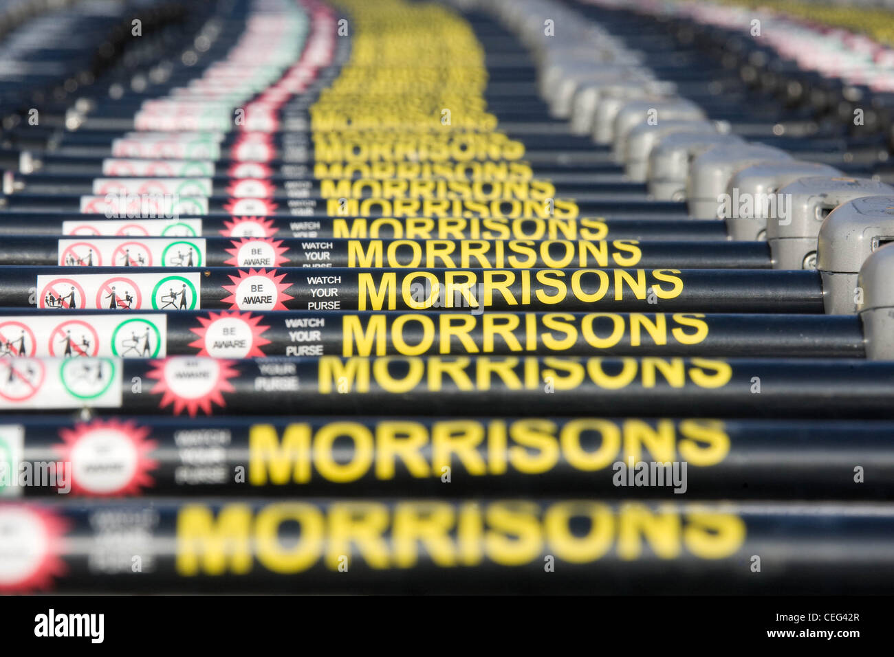 Morrisons supermarket trolleys Stock Photo