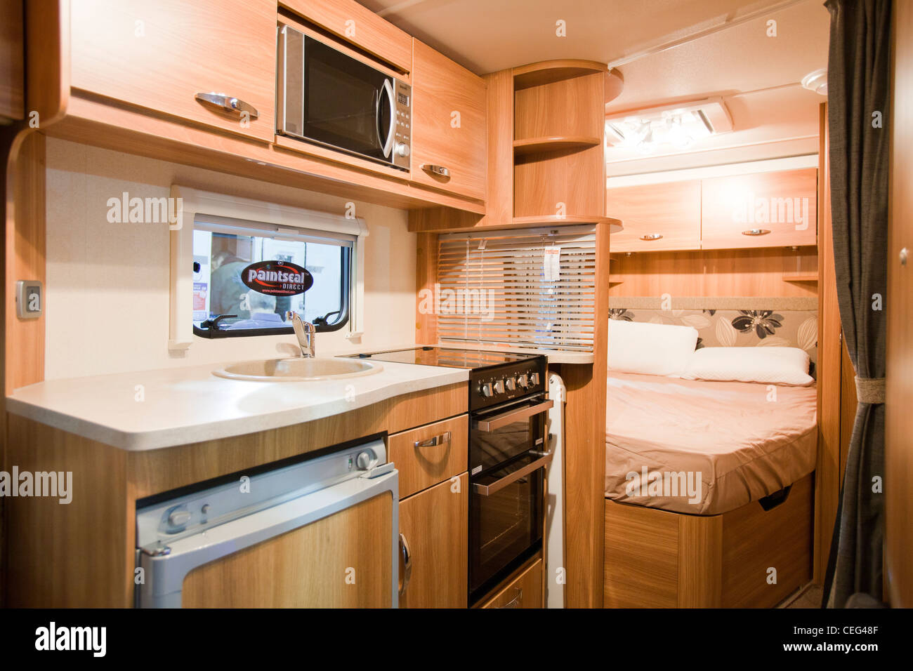 A caravan interior at the Caravan and motor home show at Event City in Manchester, UK. Stock Photo
