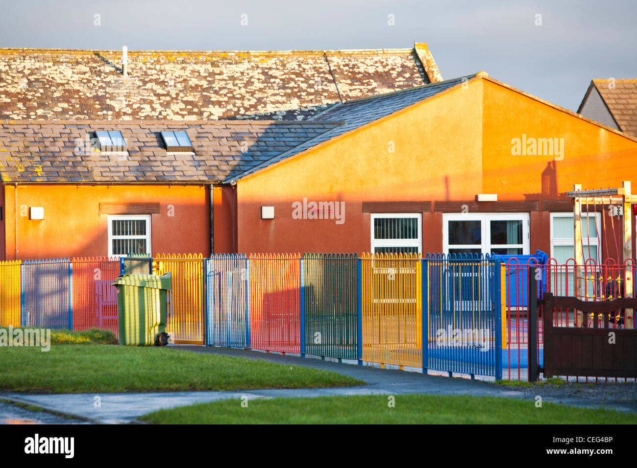 A school in Allonby on the Solway Coast, Cumbria, UK in warm evening light at sunset. Stock Photo