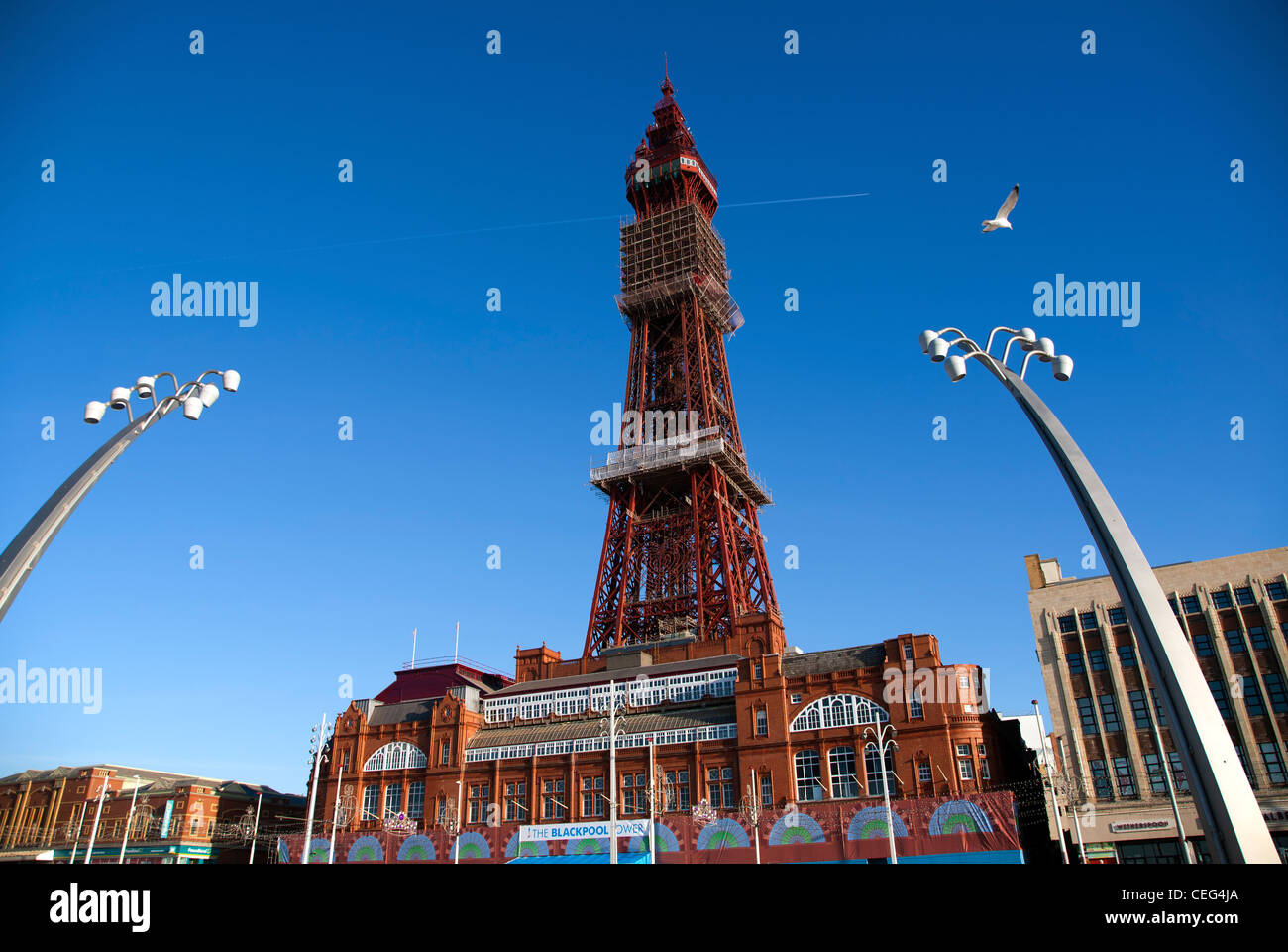 Blackpool tower and new lights on the promenade. Stock Photo