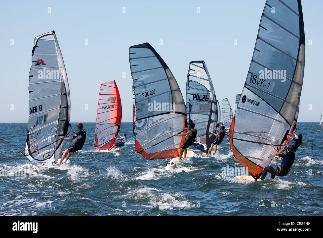 Windsurfers race Formula Windsurfing class. World Cup Event, Baltic Sea, Poland. Stock Photo