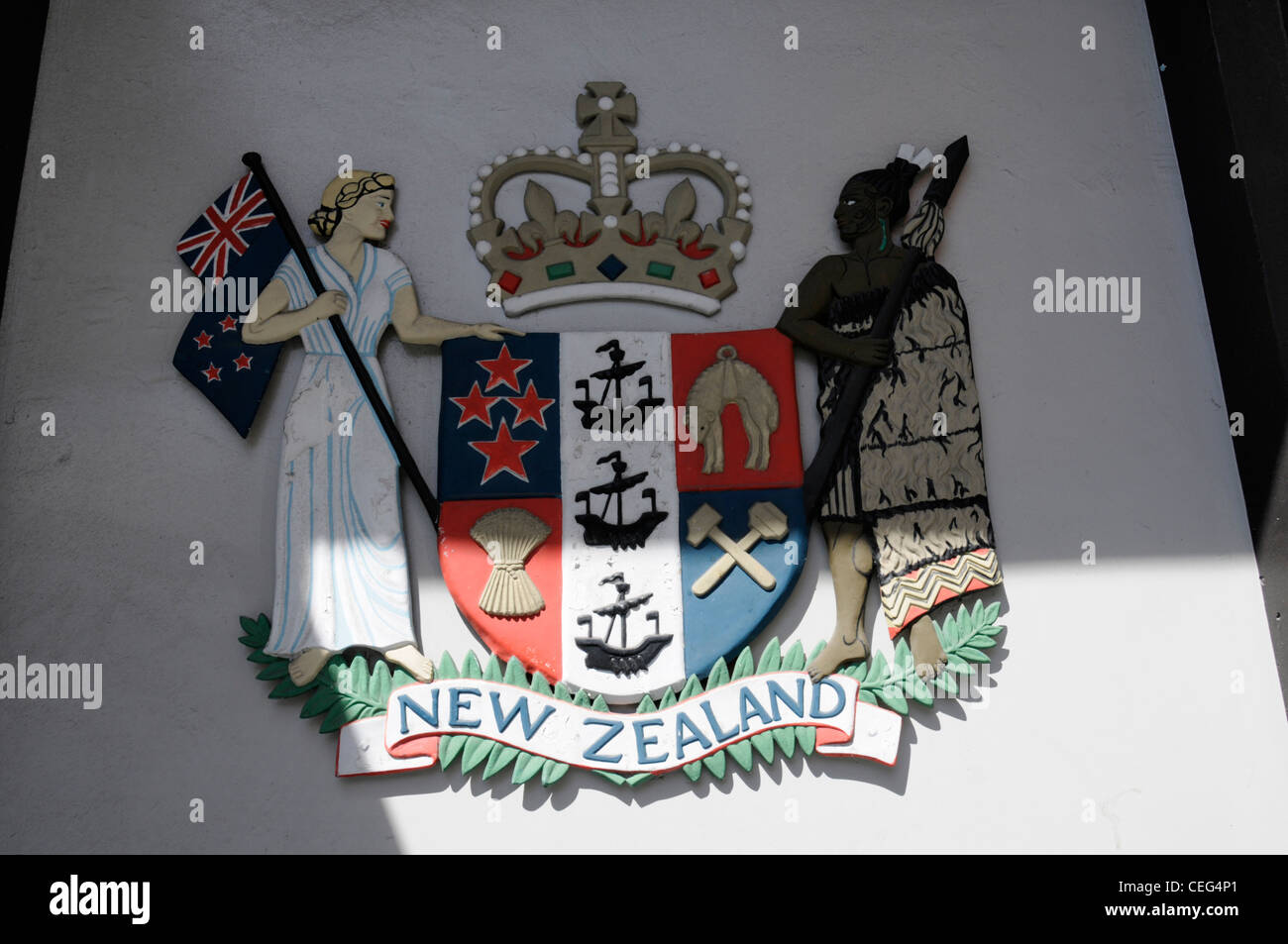 The crest of New Zealand on the wall at the New Zealand Police H.Q on Hereford Street in Christchurch, New Zealand Stock Photo