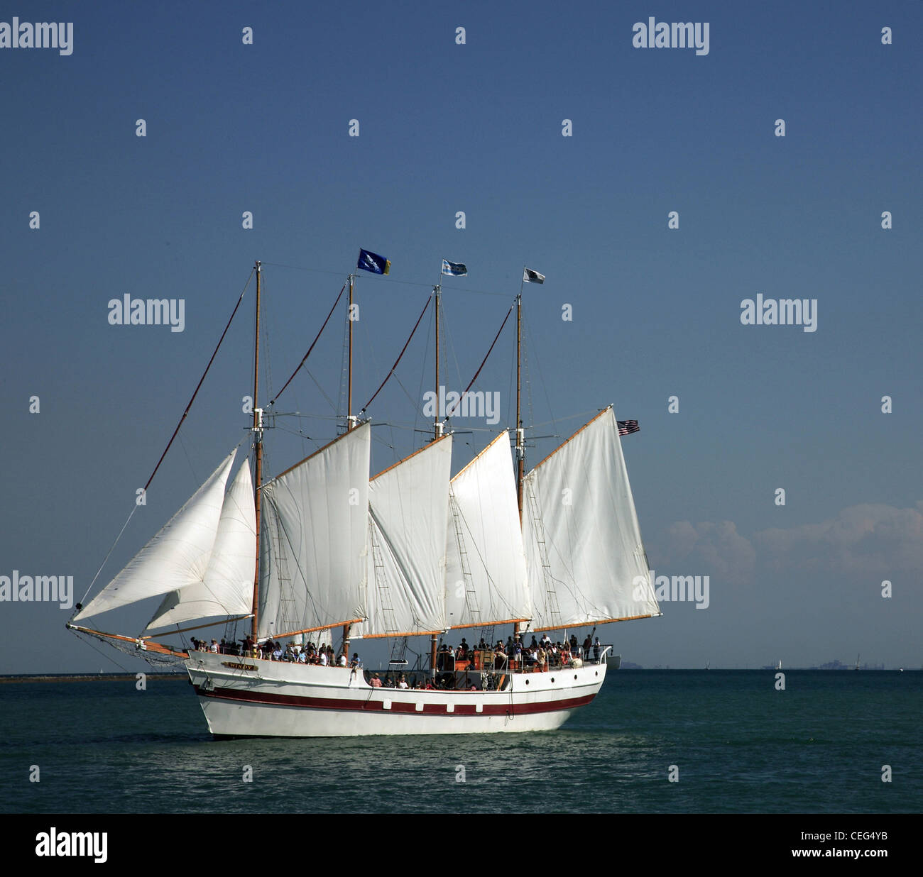 Tall Ship Windy 150' schooner based in Chicago under a clear blue sky ...