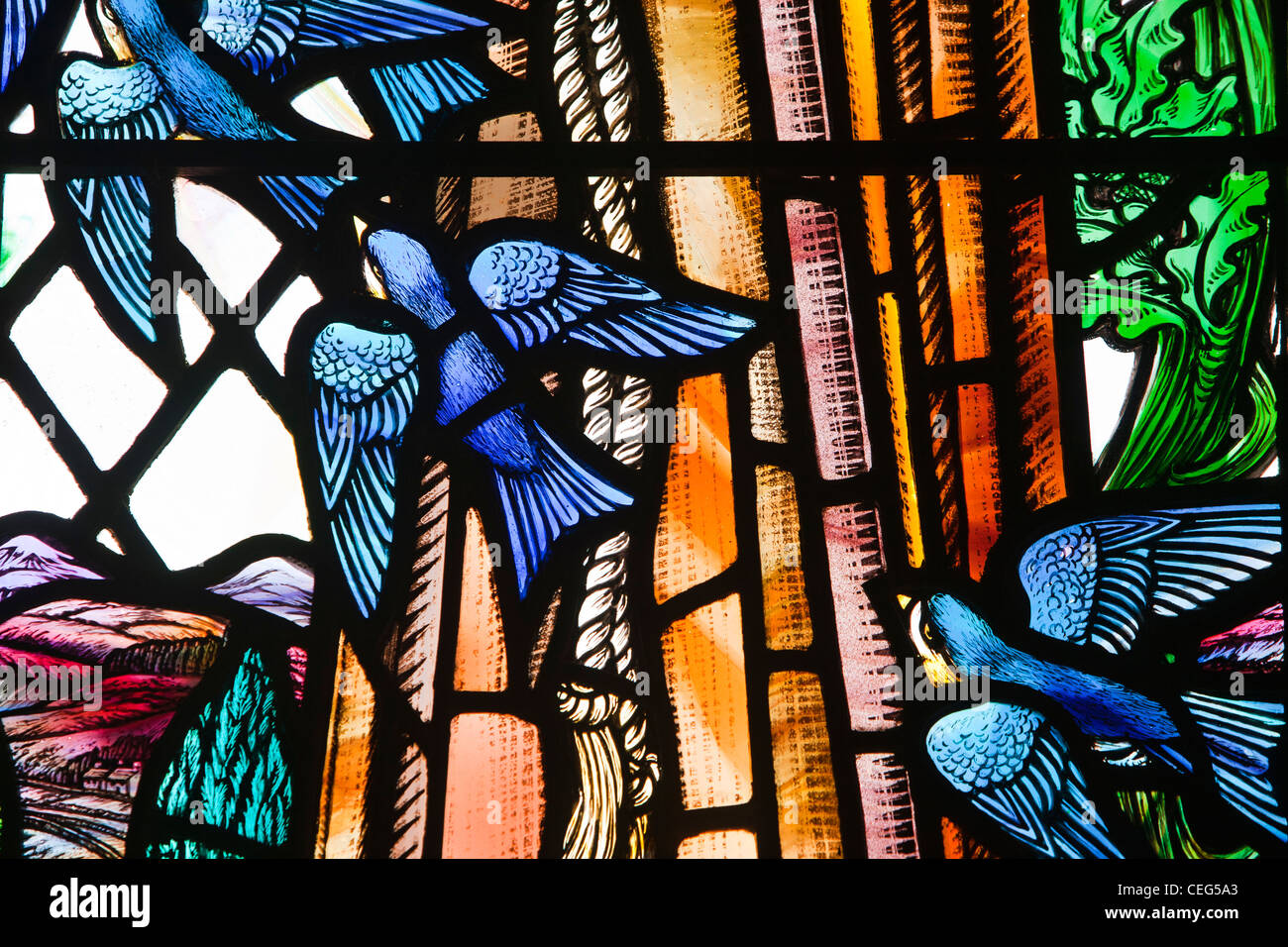 Swallows in a stained glass window in Chapel Stile church, Langdale, Lake District, UK. Stock Photo