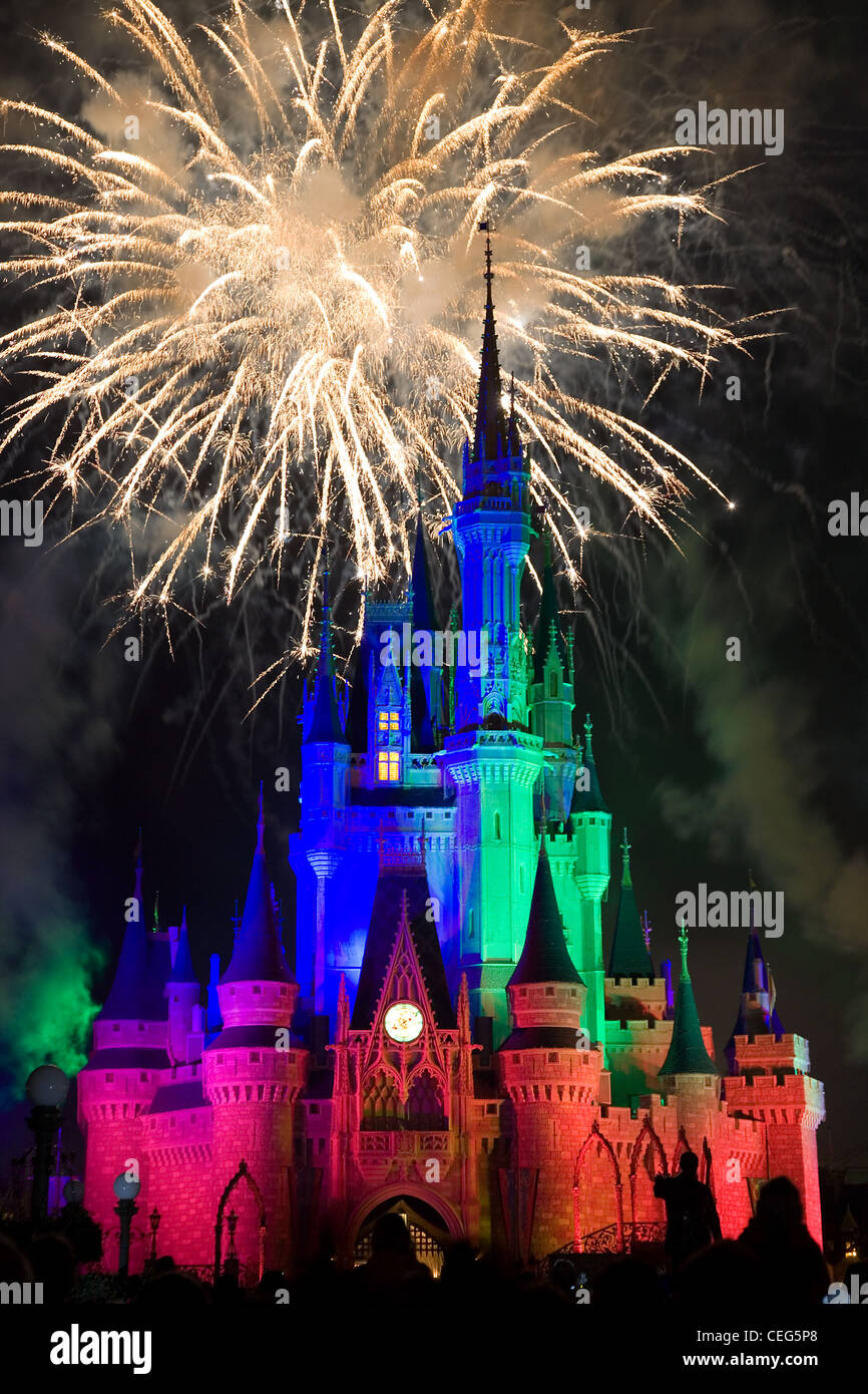 Fireworks show over Sleeping Beauty´s Castle at closing hour