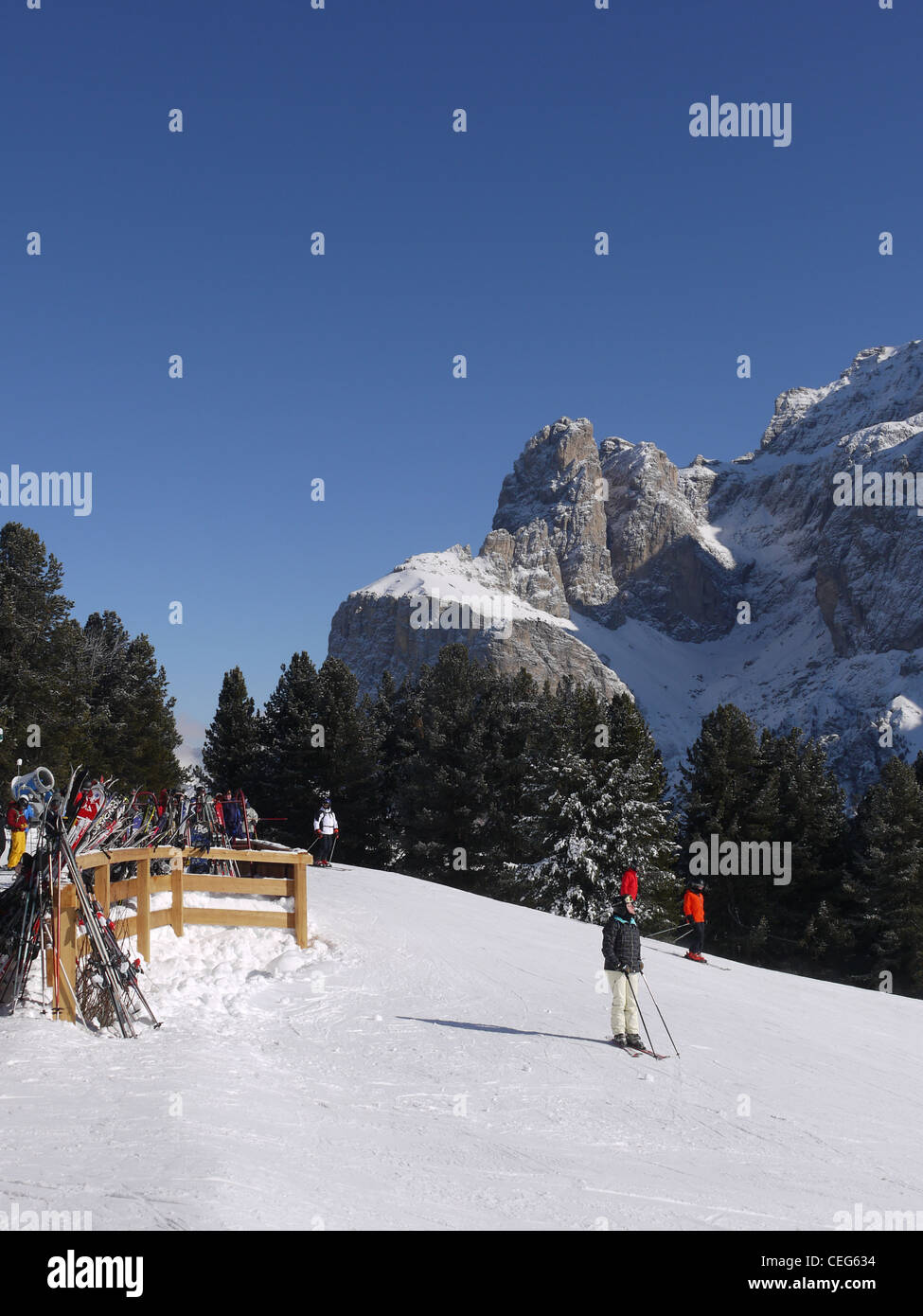 The Sellaronda is a ski route that loops around the massif of the Sella mountain range, of the Dolomites in Italy. Stock Photo