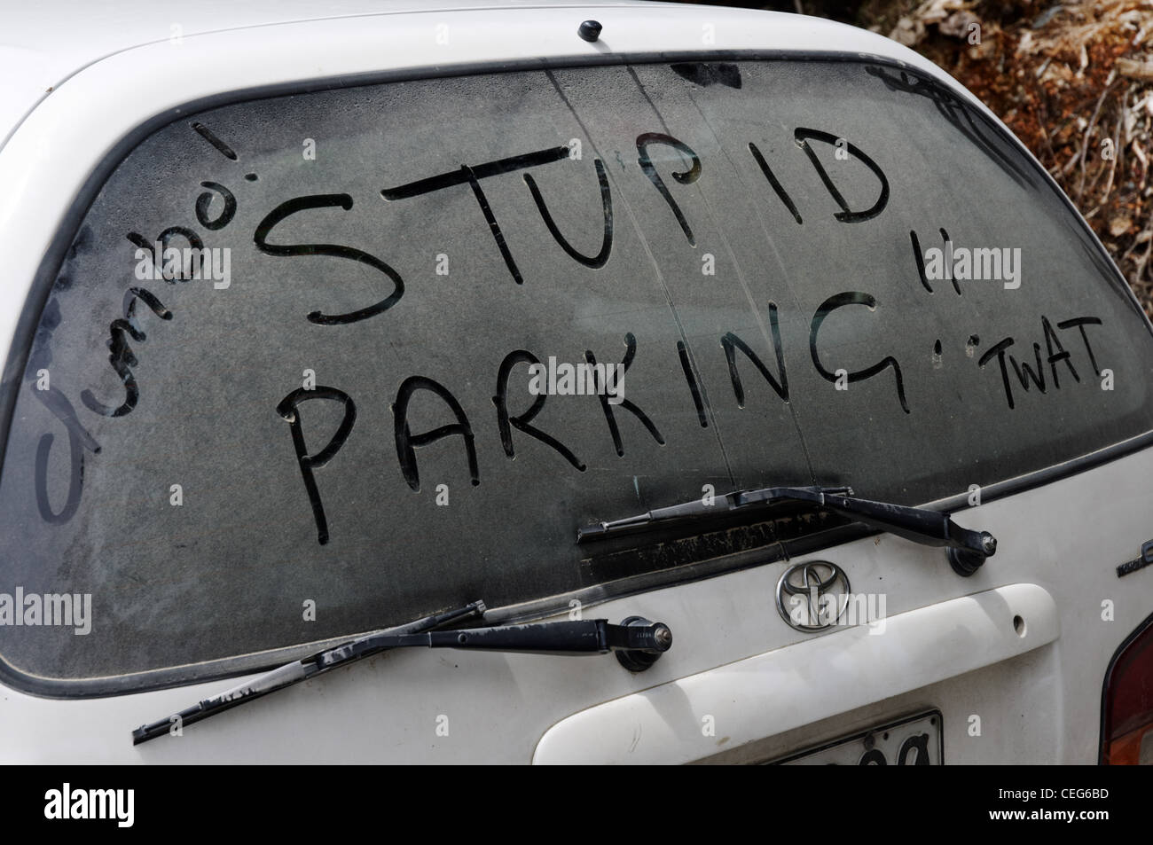 A badly parked car with the words 'dumbo' 'twat' and 'stupid parking' written on the dirty rear window Stock Photo