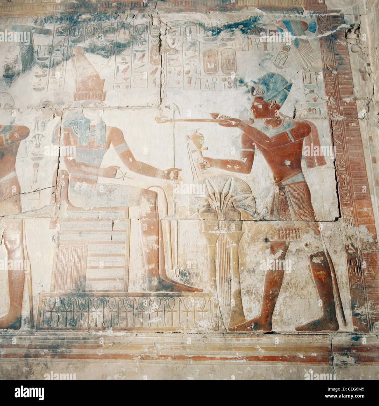 Egypt Abydos tomb wall painting Osiris Temple  Funery Temple of Seti I, Nile Valley Stock Photo