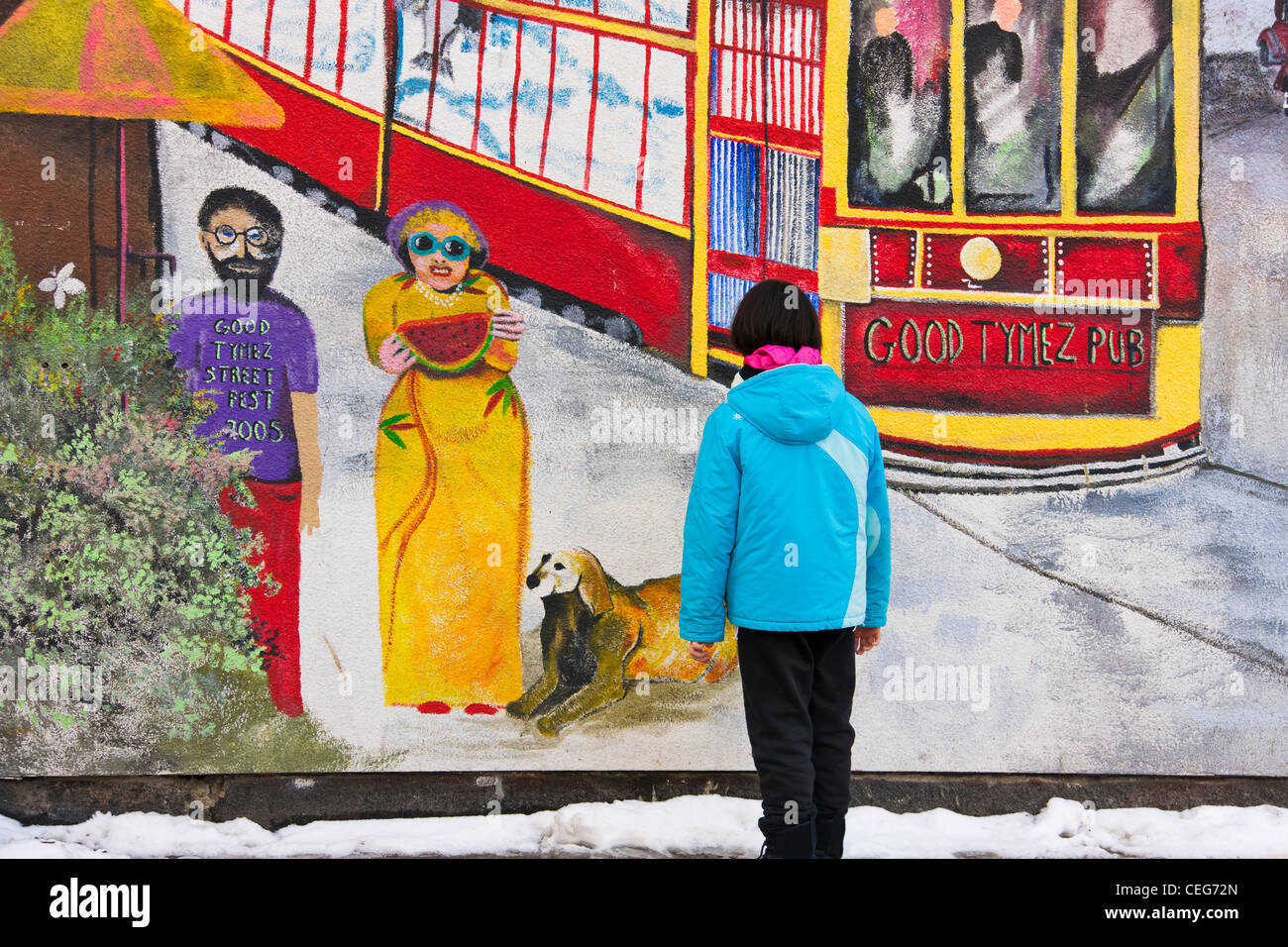Girl looking at colorful mural in downtown, Toronto, Canada Stock Photo Alamy