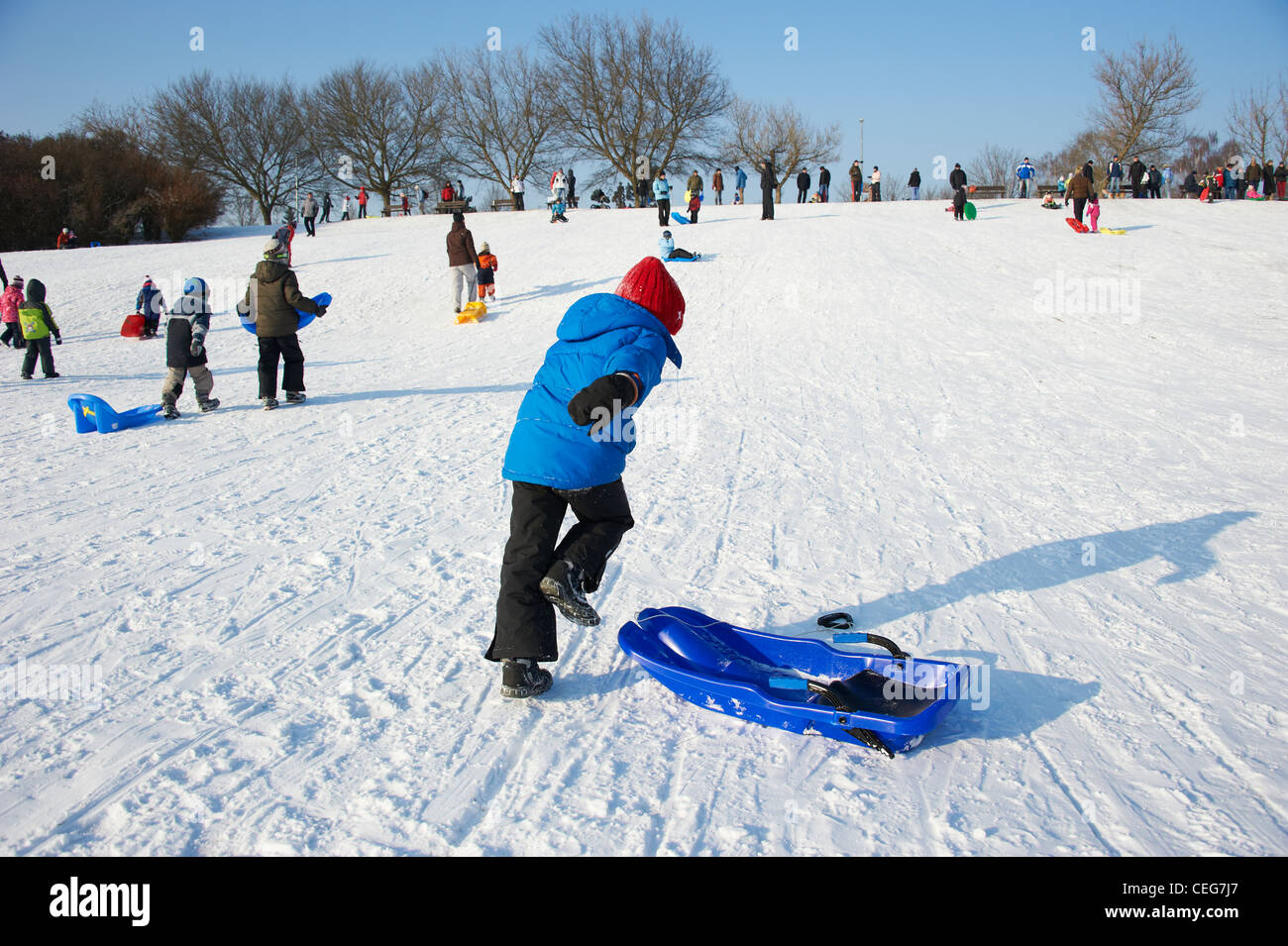 A children sledding downhill winter Stock Photo Alamy