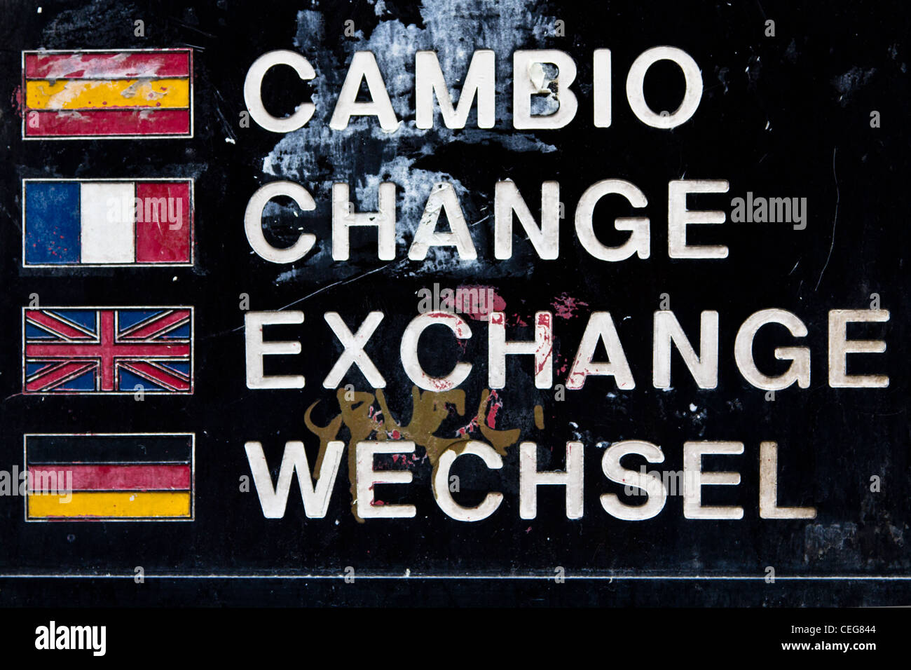 An old sign for european foreign exchange in Madrid, Spain Stock Photo
