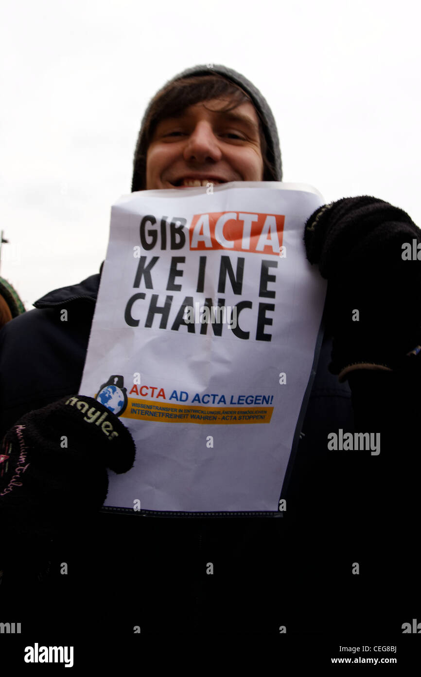 HAMBURG, GERMANY - FEBRUARY 11, 2012: People are protesting in the streets against the intellectual property treaty ACTA. Stock Photo