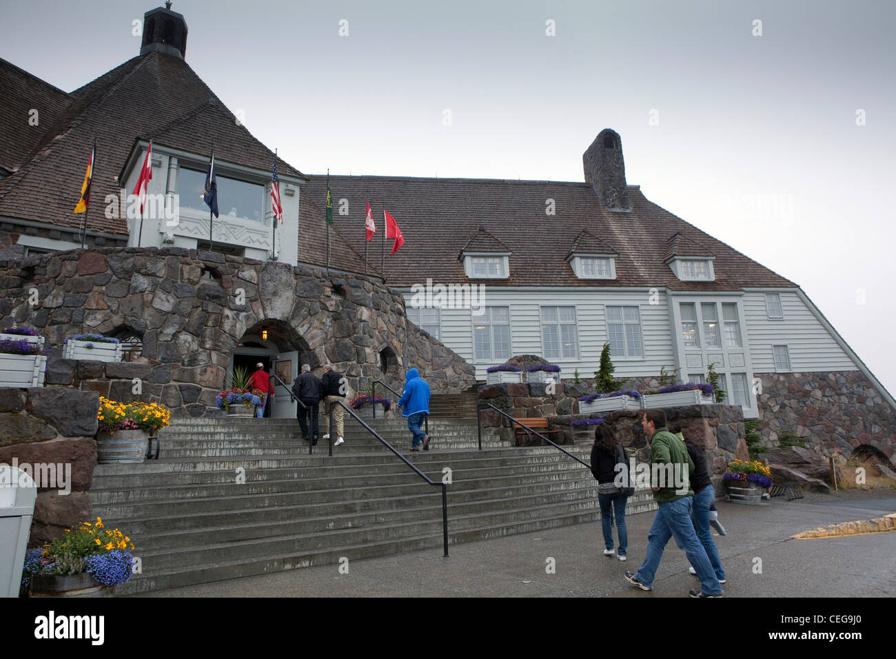 A view of the exterior of the Timberline Lodge near Mt Hood in Oregon ...