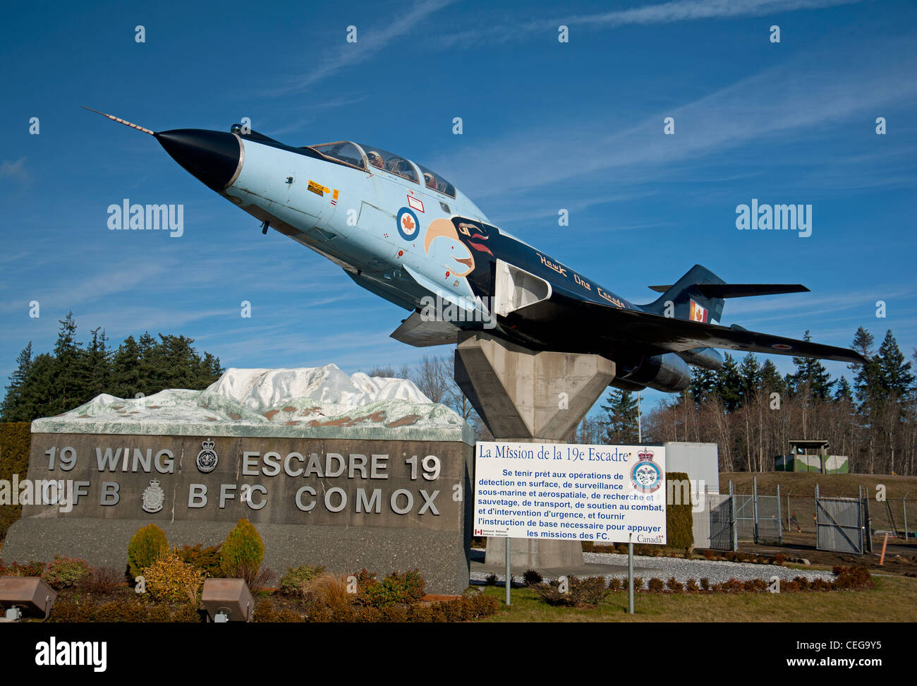 19 Wing Comox gate guard, CF-101 Voodoo, Hawk One of 409 Sqn. Vancouver Island Canada. SCO 7984. Stock Photo