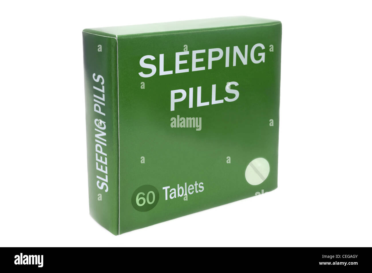 Close up of a green box with the words 'SLEEPING PILLS' arranged over white. Stock Photo