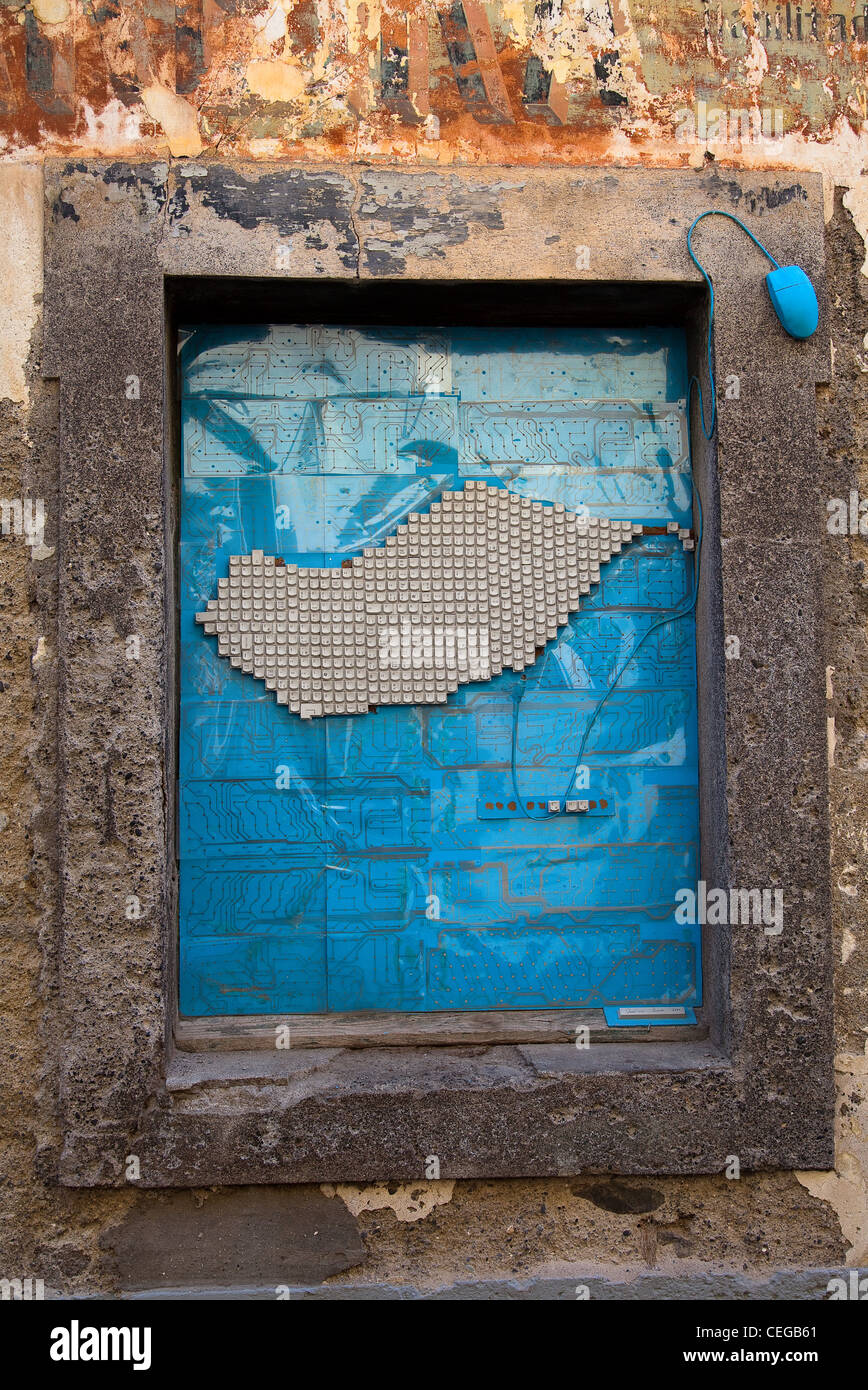 Funchal Old Town Painted Doors on Rua de Santa MariaComputer keyboard art in the Zona Histroica do Funchal Portas com Arte Doors with Art in Madeira Stock Photo