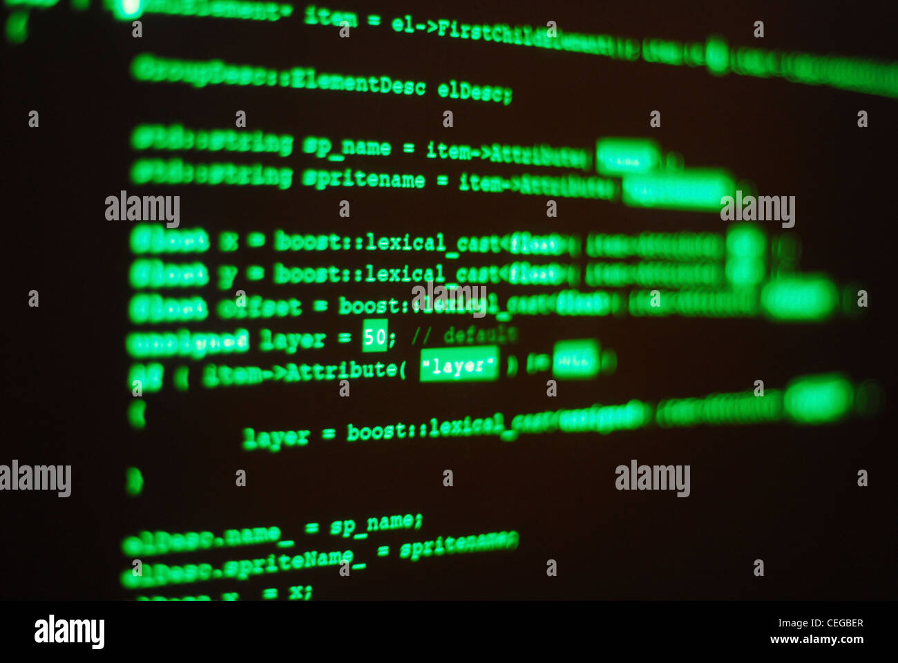 Photo of computer screen with program code displayed in classic hacker color. Shallow depth of field places word 'lexical' in focus Stock Photo