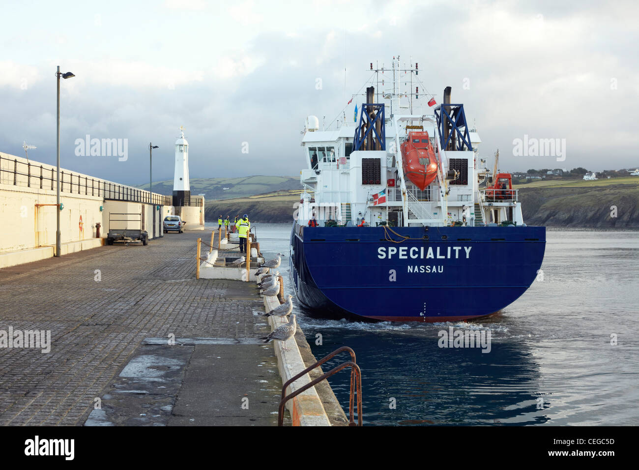 Tanker Speciality docking at Peel breakwater Isle of Man Stock Photo