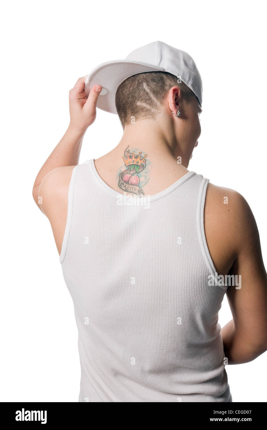 Young man with tattoo on the neck isolated on white Stock Photo