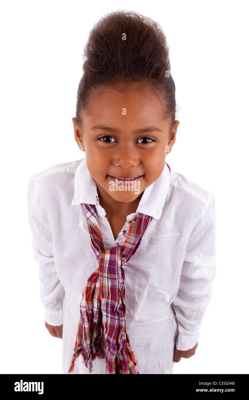 Cute little African Asian girl looking up, over white background Stock ...