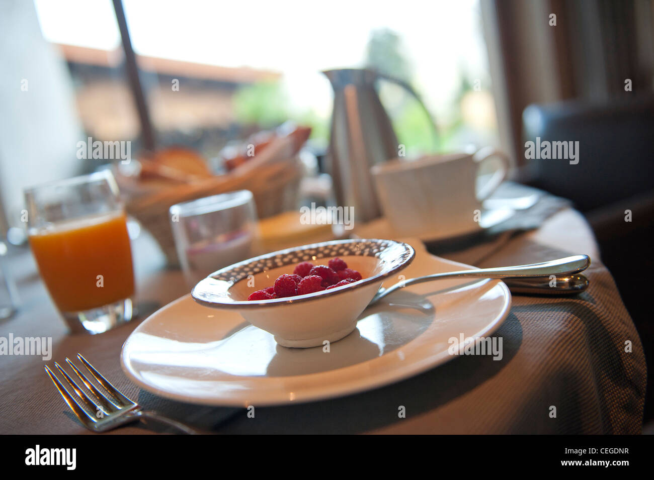 Breakfast at the Flocons de Sel gourmet restaurant & Hotel. Megeve. France Stock Photo