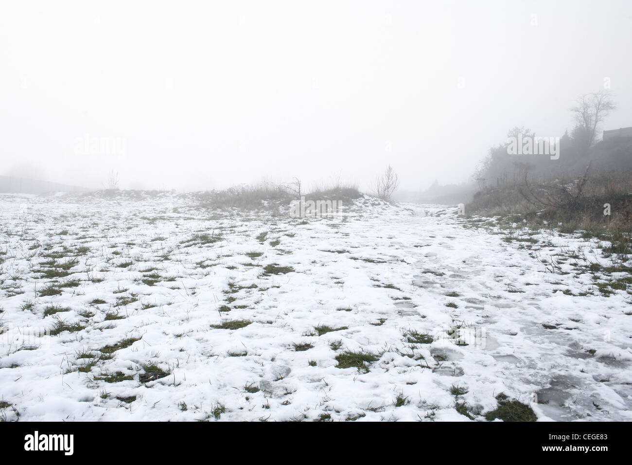 mist and snow covered field. Worksop, Notts, England, UK Stock Photo