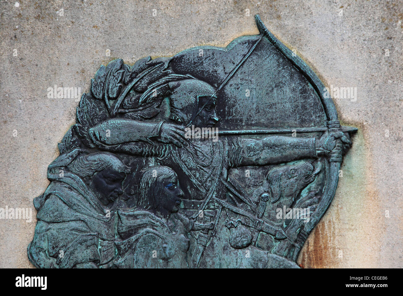 Robin Hood sculpture on the wall of the castle, Nottingham, Nottinghamshire, East Midland, England Stock Photo