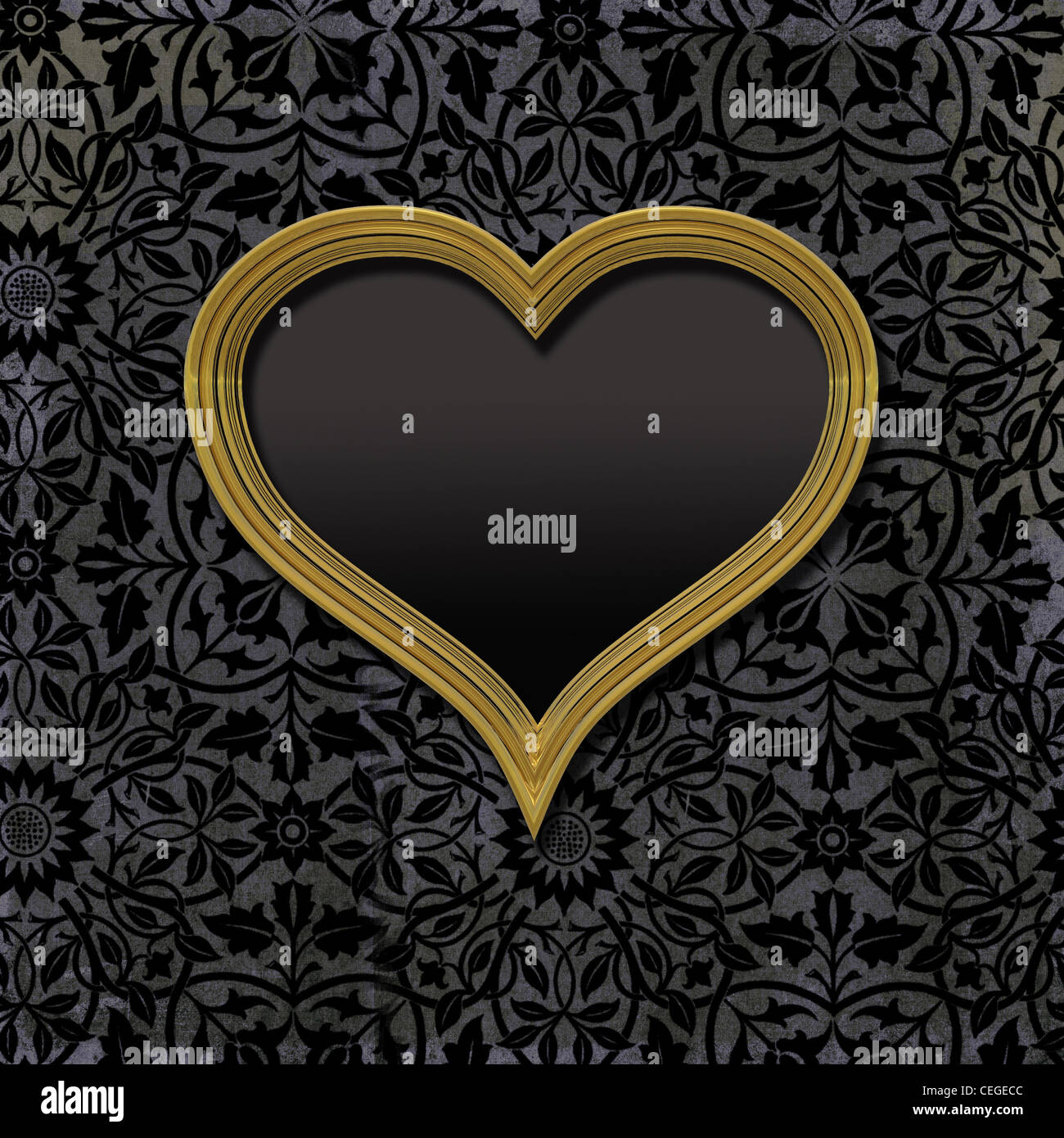 gold picture frame in shape of heart on vintage black damask background