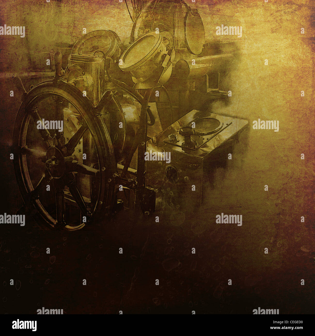 vintage ship, commander deck with steering wheel and brass instruments