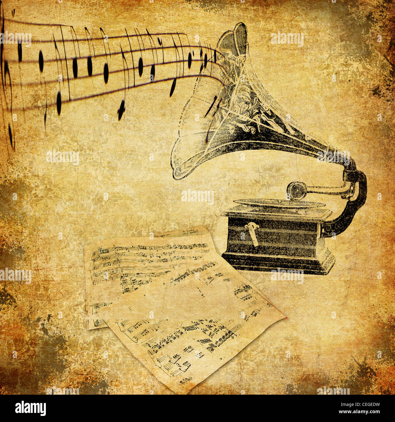 Gramophone nostalgia, retro wallpaper with grunge effects and music notes. Stock Photo
