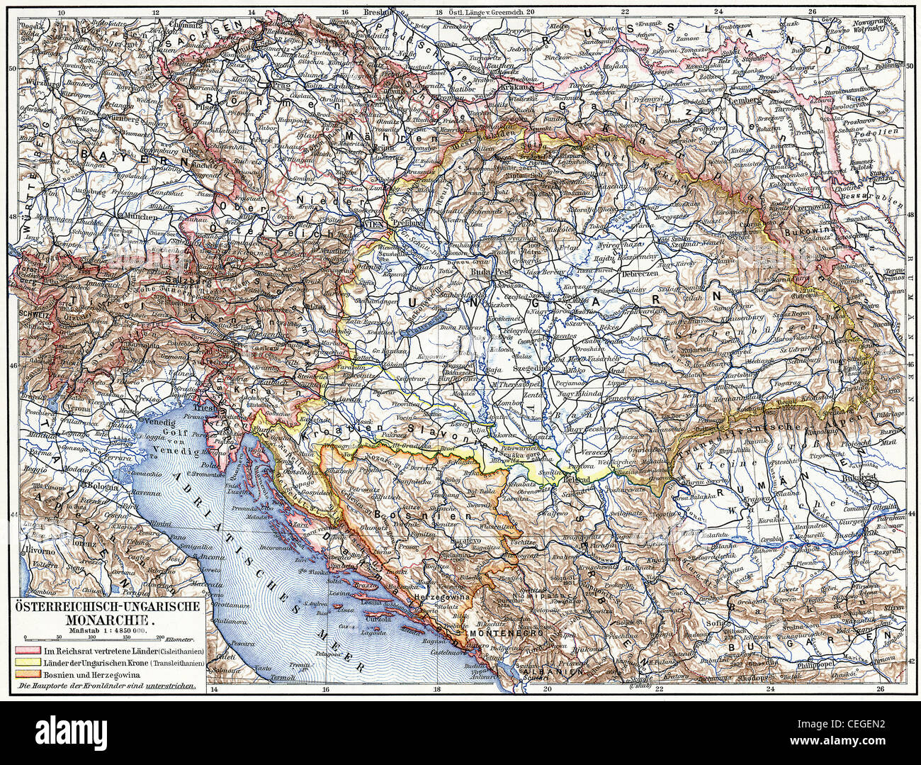 Map of Austro-Hungarian monarchy. Publication of the book 'Meyers Konversations-Lexikon', Volume 7, Leipzig, Germany, 1910 Stock Photo