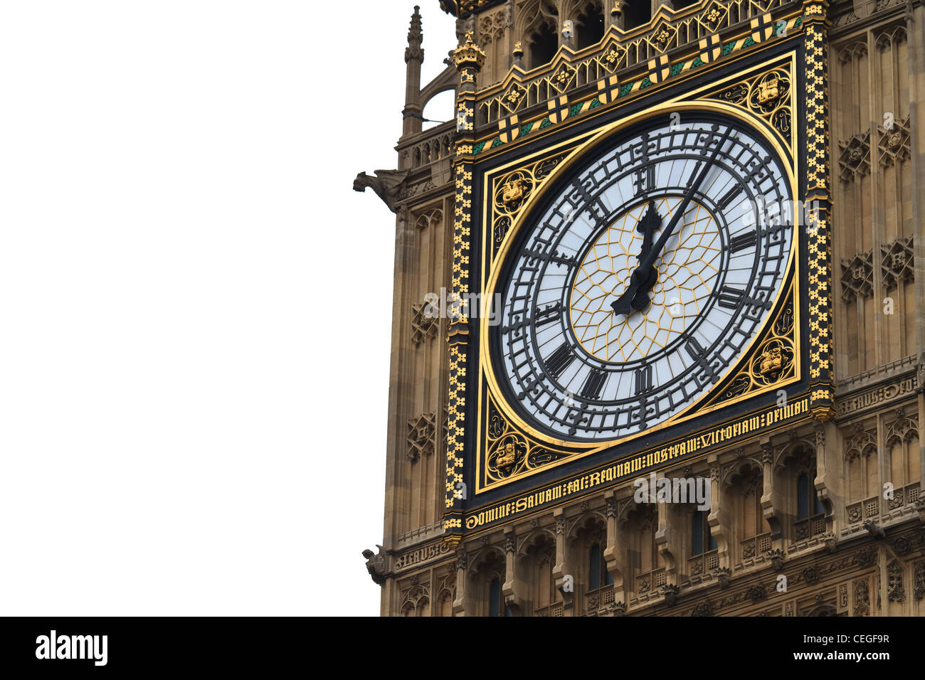 Big Ben Details with white background - Palace of Westminster, Parliament Building, London, UK Stock Photo