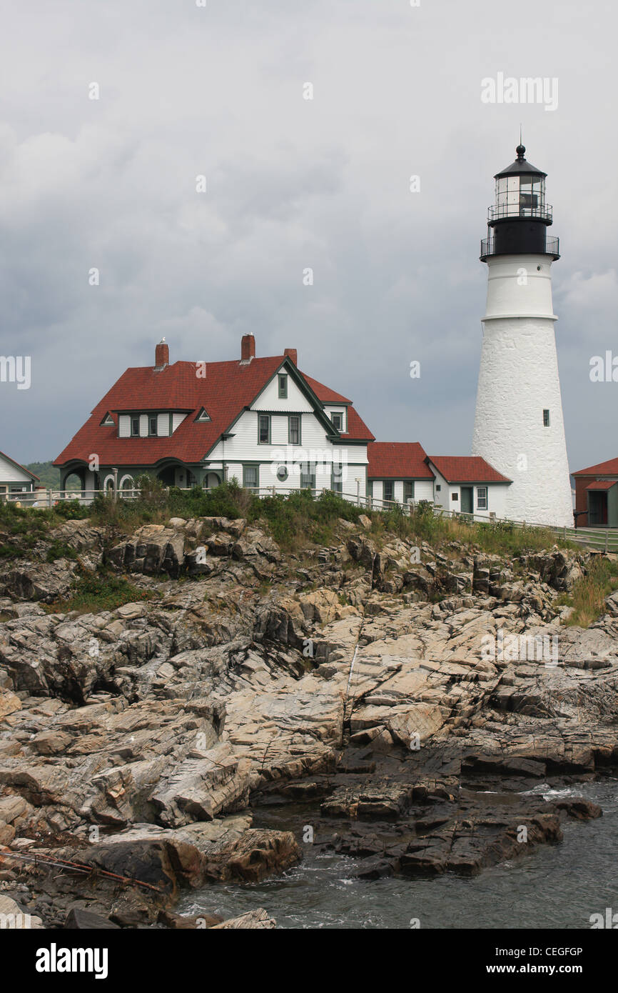 Cape Elizabeth Lighthouse before cloudy sky, New England, Portland, Maine Stock Photo