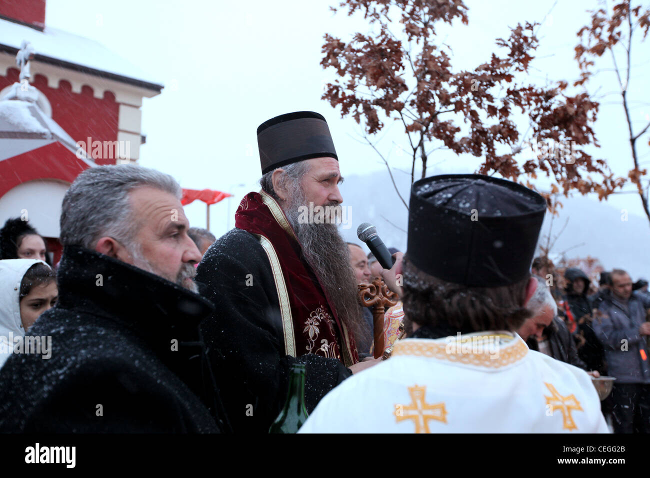 Montenegrin patriarch preaching to the people during orthodox christmas celebration in Mojkovac, Montenegro, Balkans Stock Photo