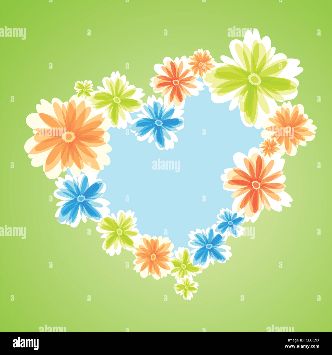 Colored Flowers as heart symbol on green background. Stock Photo